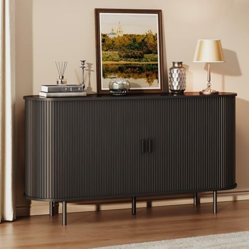 ComfyCorner 55" Fluted Buffet Sideboard Cabinet with Sliding Door, Black