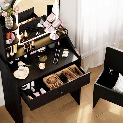 LIKIMIO Small Vanity Desk with Mirror Lights and Storage Stool | Black compac...