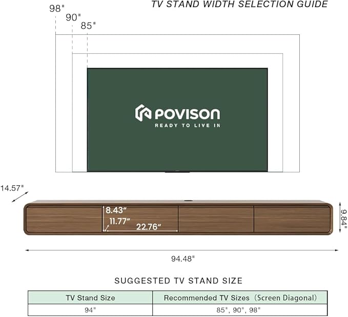 POVISON Fully-Assembled Minimalist Floating TV Stand, Modern Wall-Mounted Entertainment Center with 4 Flip-Down Cabinet Doors, Solid Wood Media Console, Walnut Veneer, 94"