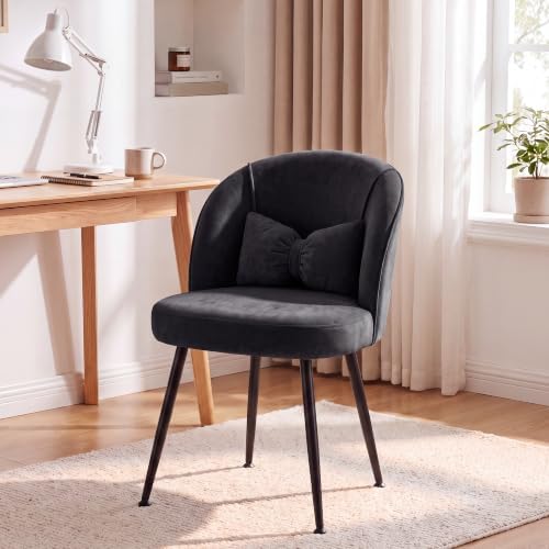 Homkdom Velvet Vanity Chair with Bow Pillow, No Wheels, Black