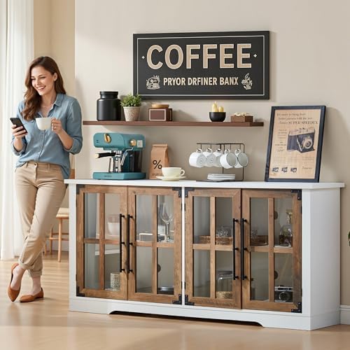 AMERLIFE Farmhouse 63" Buffet Sideboard Cabinet with Glass Door, White