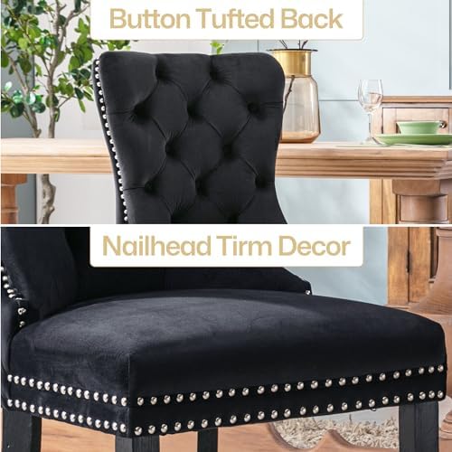Velvet Dining Chairs Set of 6 with Wood Legs and Pull Ring, Black