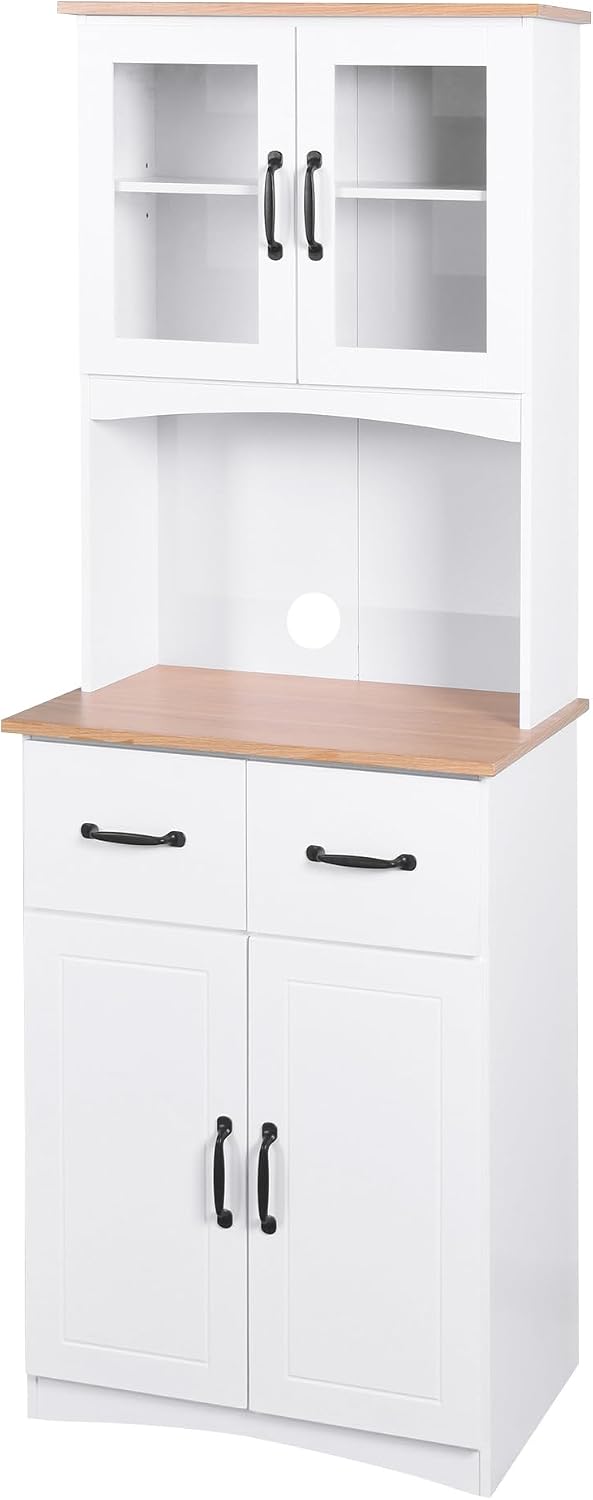 White Wooden Kitchen Pantry Cabinet with Glass Doors & Drawers – 66.9&quo...
