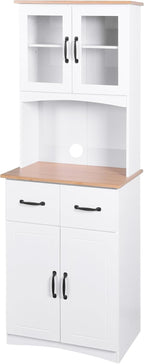 White Wooden Kitchen Pantry Cabinet with Glass Doors & Drawers – 66.9" Tall Microwave Stand with Adjustable Shelves, Storage Hutch for Dishes, Appliances & Utensils (23.62"L x 15.75"W, MDF)