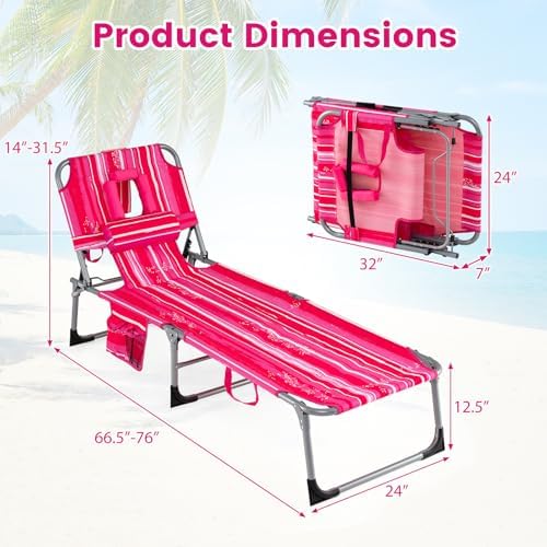 Goplus Tanning Chair, Folding Beach Lounge Chair with Face &Arm Hole, Pos...