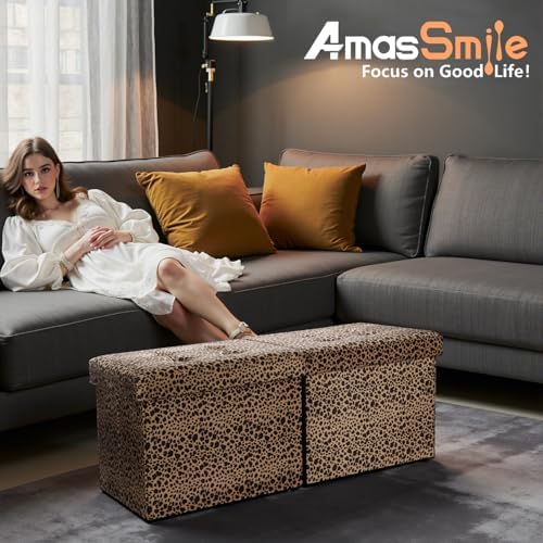 AmasSmile Footrest Ottoman Storage Bench,34" Velvet Folding Chest,Leopar...
