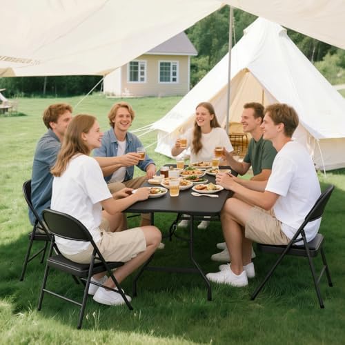 6FT Black Plastic Folding Table Set with 6 Black PU Padded Chairs