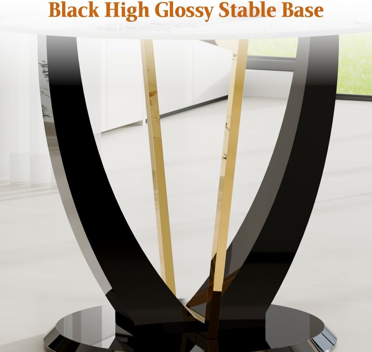 47" Round Glass Black Gold Dining Table Set for 4, Faux Marble Kitchen Table with 4 Black Gold Chairs, Modern High Glossy Base Table Set for Kitchen Dining Room
