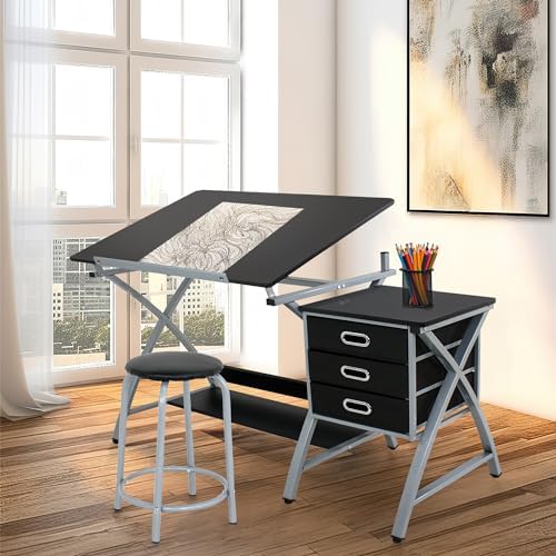 JupiterForce Drafting Table with Tiltable Tabletop and Stool, 3 Storage Drawe...