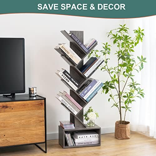 Yoobure Tree Bookshelf - 6 Shelf Retro Floor Standing Bookcase, Tall Wood Boo...