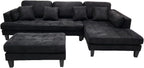 Stendmar 3pc 120" Contemporary Black Microfiber Fabric Couch Sectional Sofa Chaise Ottoman S16RBK (Black, Right Hand Facing)