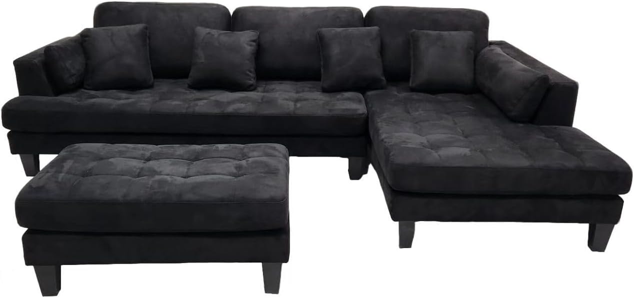 Stendmar 3pc 120" Contemporary Black Microfiber Fabric Couch Sectional Sofa Chaise Ottoman S16RBK (Black, Right Hand Facing)