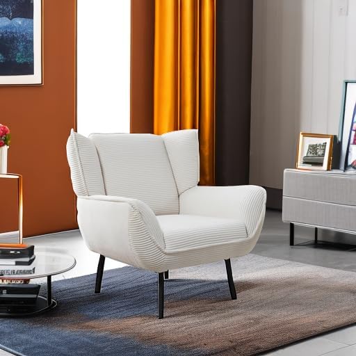 Corduroy Wingback Accent Chair, High Back Armchair with Deep Seat, White