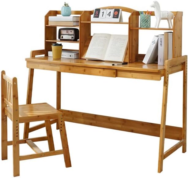 Kids Desk and Chair Set, Height Adjustable Bamboo Study Desk with Storage Hutch and Bookshelf, Wooden Writing Table for Toddlers and Kids, Easy-Clean Surface, Natural (02)