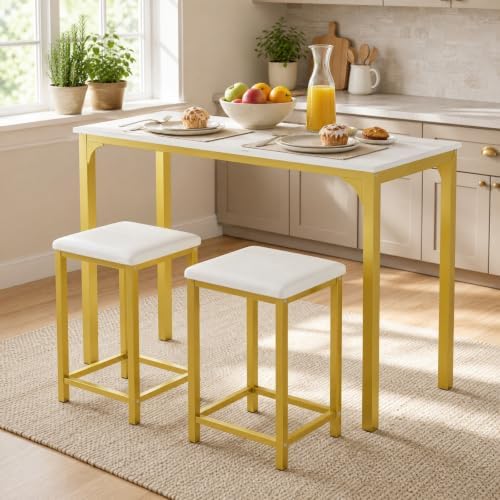 COSTWAY Dining Table Set, Counter Height Table & 2 Upholstered Stools