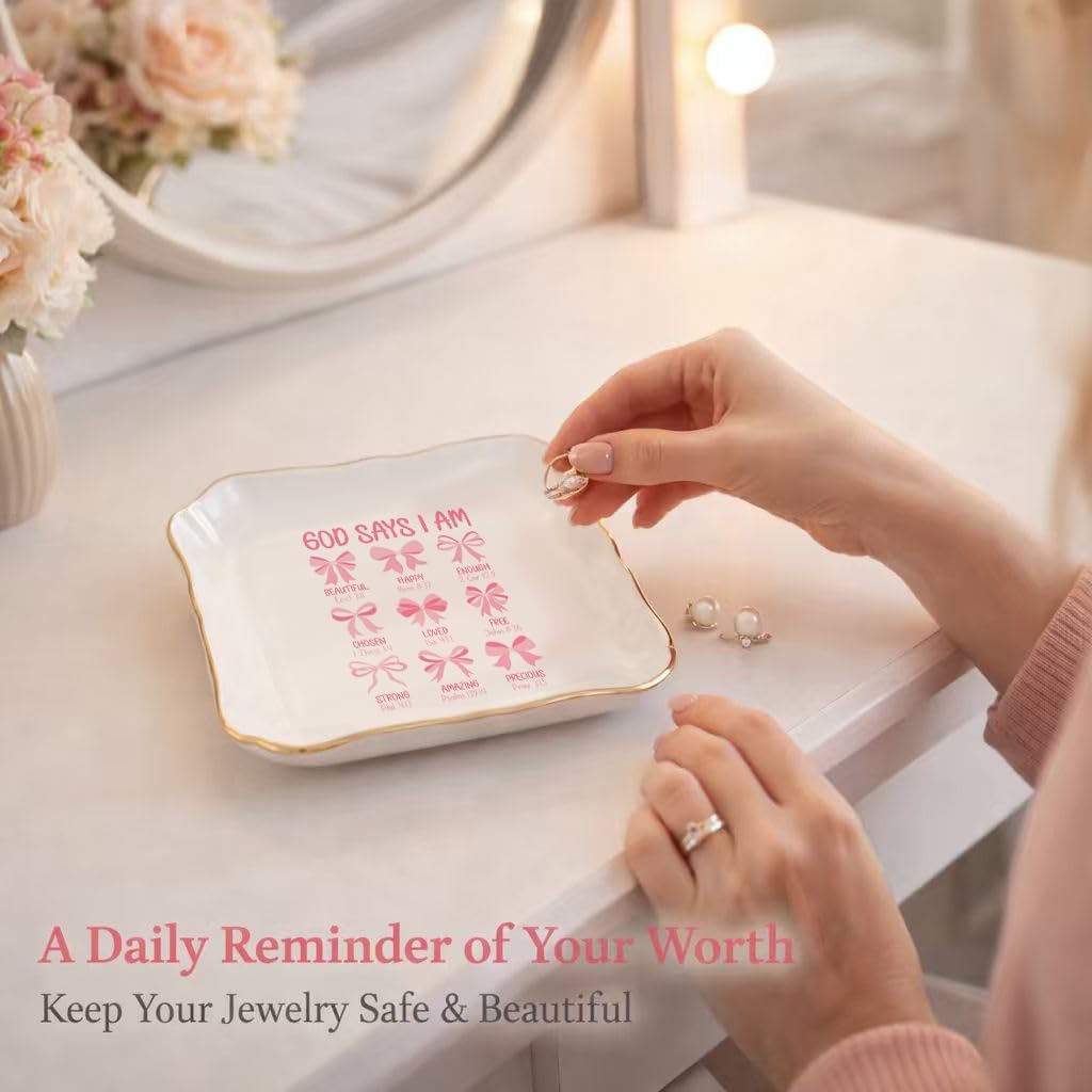 God Says You Are Jewelry Dish - Pink Bow Ceramic Ring Holder Tray for Women, Inspirational Bible Verse Jewelry Organizer Gift for Birthday, Christmas, Wedding, Friend, Mom