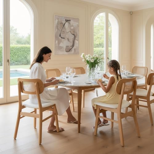 ROCITY Rattan Dining Chairs Set of 4 Beige Linen Fabric Dining Room Chairs Na...