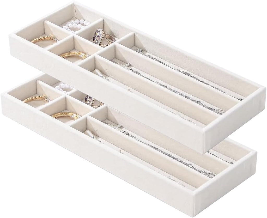2Pcs Desk Drawer Storage Tray, Nightstand Organizer Tray, Necklace Bracelet Ring Earring Jewelry Display Tray, Grid Table Organizer Holder Tray for Sunglass, Phone, Watch, Perfume (7 grid)/Beige