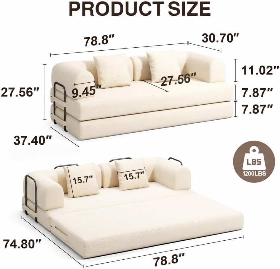 78.8" Convertible Sofa Bed, 5-in-1 Boneless Couch, No Assembly,Cream | Corduroy Boneless Loveseat Sleeper Sofa,Boneless Chair for Living Room,Futon Sleeper Couch with Removable Armrests & Pillows