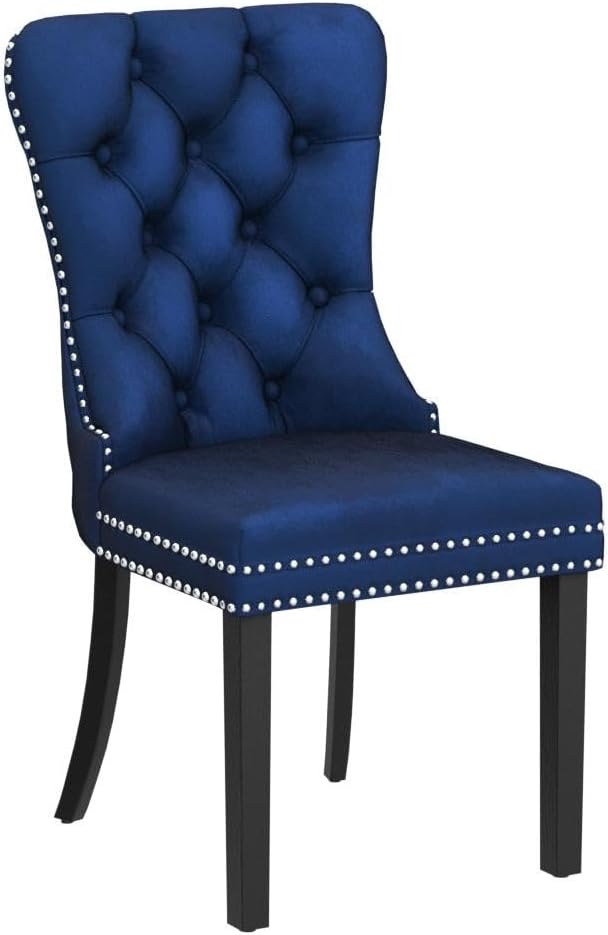 KCC Velvet Dining Chairs Set of 6, Upholstered High-end Tufted Dining Room Chair with Nailhead Back Ring Pull Trim Solid Wood Legs, Nikki Collection Modern Style for Kitchen, Blue