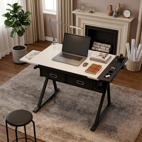 Adjustable Drawing Table with 2 Drawers & Stool, for Art & Work
