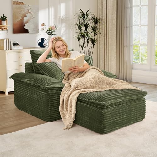 Oversized Chaise Lounge Chair Indoor with Ottoman, Upholstered Corduroy Moder...