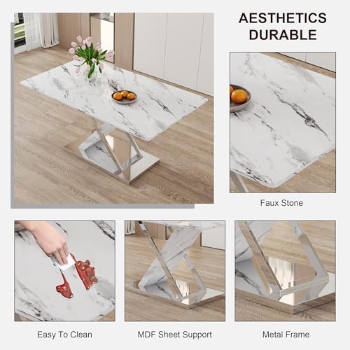 Marble Dining Table Set for 4,63 in White Rectangular Table with Sliver Metal...