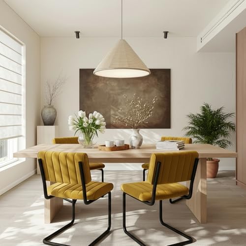 Mid-Century Modern Dining Chairs Set of 4 with Metal Legs, Yellow
