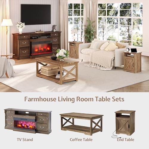 LUXOAK 3 Piece Living Room Table Set with Barn Door, Barnwood | Includes Coff...