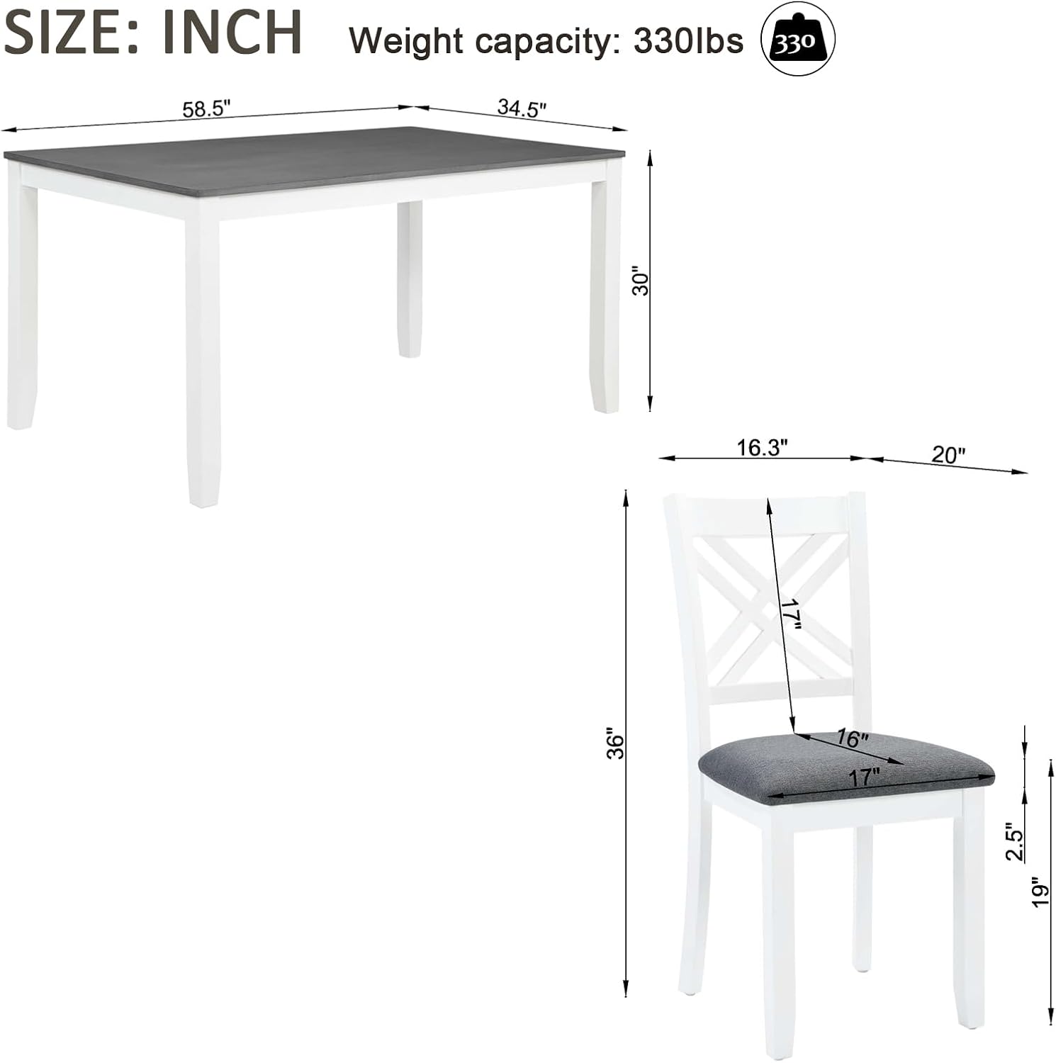 Harper & Bright Designs 58.5" Lx34.5 W Solid Wood 7-Piece Dining Table Set for 6, Grey White Two-Tone Kitchen Dining Room Set with 6 Upholstered Chairs, Rubber Wood Frame, 330LBS Capacity