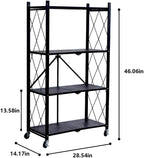 Foldable 4-Tier Metal Storage Shelf with Locking Wheels, Pre-Assembled Rolling Rack for Easy Setup, Space-Saving Organizer for Kitchen, Pantry, and Closet, 28.54" L x 14.17" W x 46.06" H