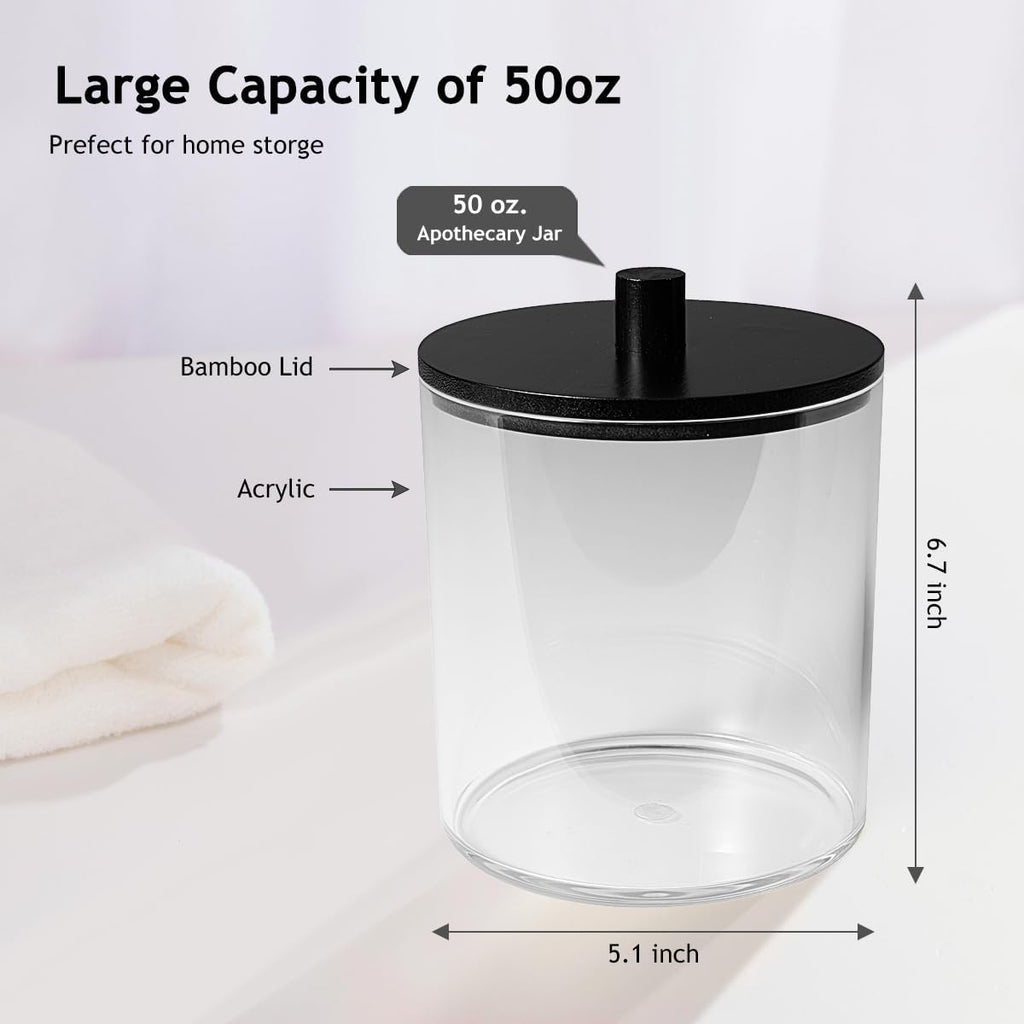 SheeChung 1 Pack 50 Oz Large Apothecary Jar with Bamboo Lid, Laundry Pods Container, Storage Jars for Bathroom Organization, Plastic Canisters with Cute Stickers Spoons(Black)