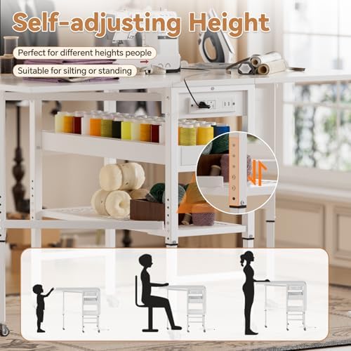 PAKASEPT Height Adjustable Sewing Cutting Table with Charging Station, Foldin...