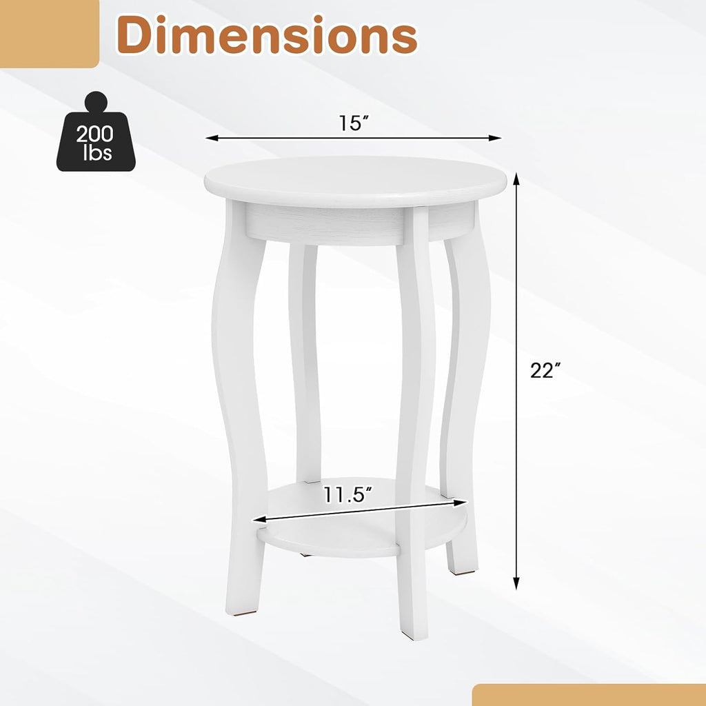 GOFLAME 2-Tier Round End Table Set of 2, Mid-Century Modern Sofa Side Table with Storage Shelf, Solid Wood Legs, Compact Accent Table, Nightstand for Living Room, Bedroom, Small Space, White