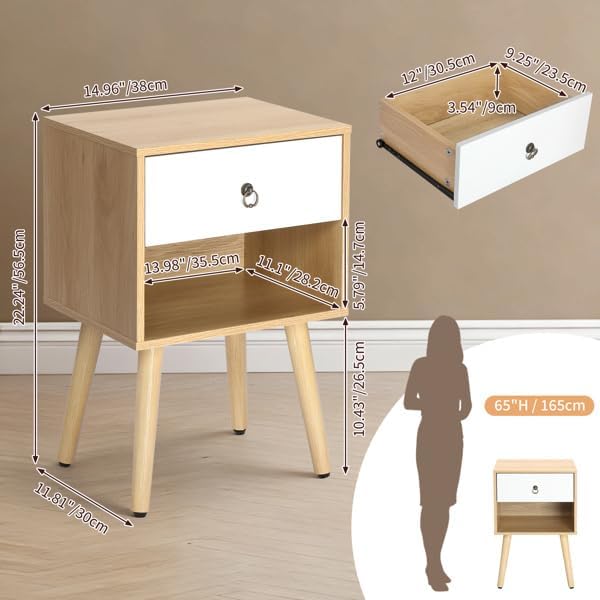 Mid-Century Modern Nightstand with Drawer and Open Shelf, Bedside Table with ...