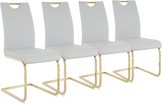 Goujxcy Dining Chairs Set of 4, Modern High Back Kitchen Chairs with Metal Legs and Faux Leather Padded Seat Upholstered Dining Chairs for Dining & Kitchen,Living Room (Light Gray&Gold, Set of 4)