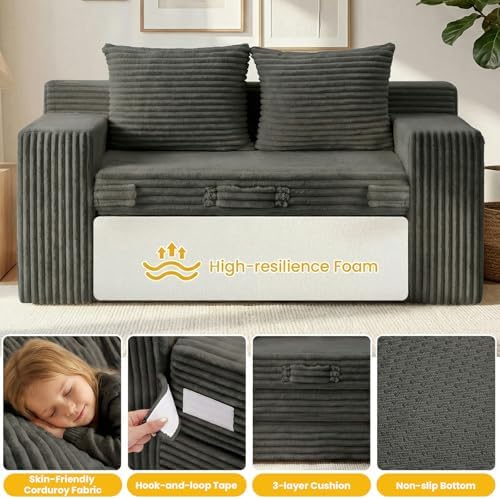 Couch, Loveseat Sleeper Sofa Bed – 3-in-1 Convertible Couch Bed with Side Poc...