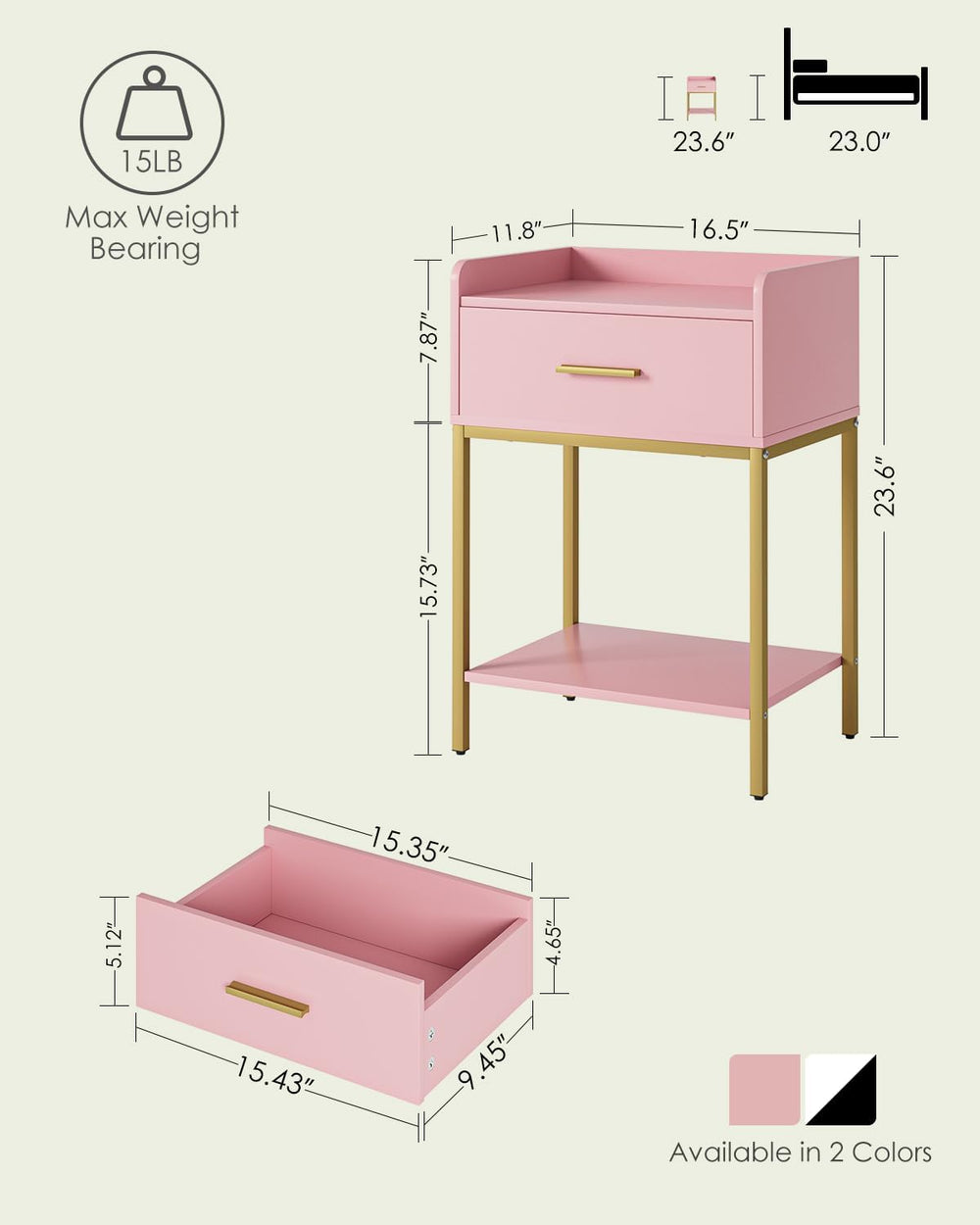 Nightstand, Modern Bedside Table with Drawer and Legs,Pink and Gold Night Sta...