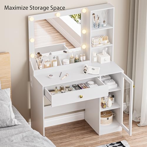 BORNOON Small Vanity Desk with Mirror and Lights, Makeup Vanity Desk with Adj...