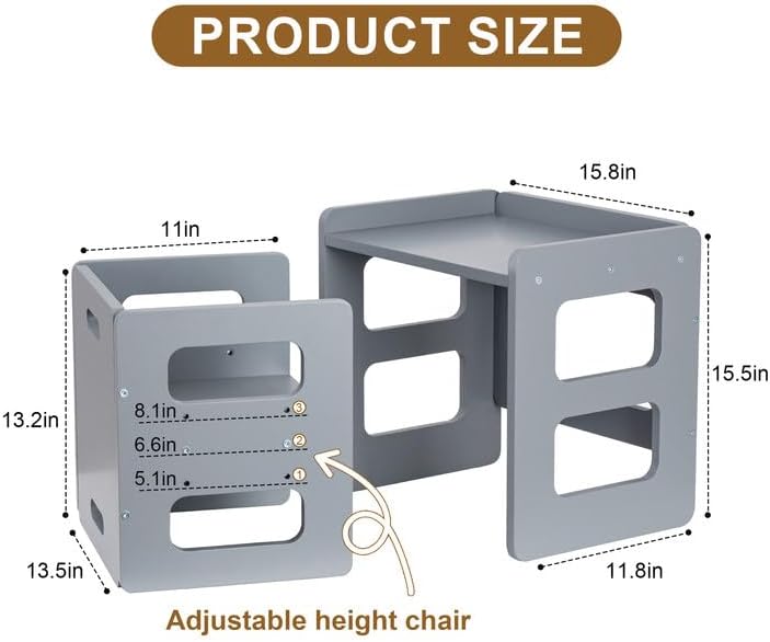 Fun Memories Montessori Weaning Table and Chair Set for Toddler and Baby, Kids Table and Chair Set- Solid Wood Toddler Furniture with Adjustable Height, Step Stool, for 1-3 Year Old Kids - Grey
