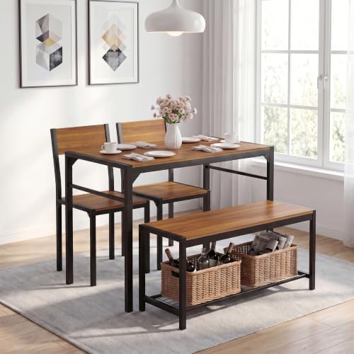 Dining Table Set for 4 with Bench, 4 Pieces Kitchen Table and Chairs, Space-S...