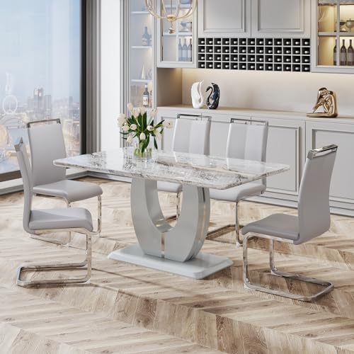 JUFU 7-Piece Dining Table Set for 6, 63-Inch Faux Marble Table