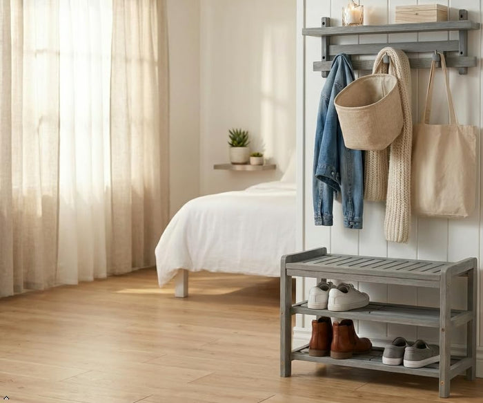 27-Inch Wooden Shoe Bench for Entryway, 3-Tier Storage Organizer, Rustic Shoe Rack Bench for Narrow Spaces, Brush Grey