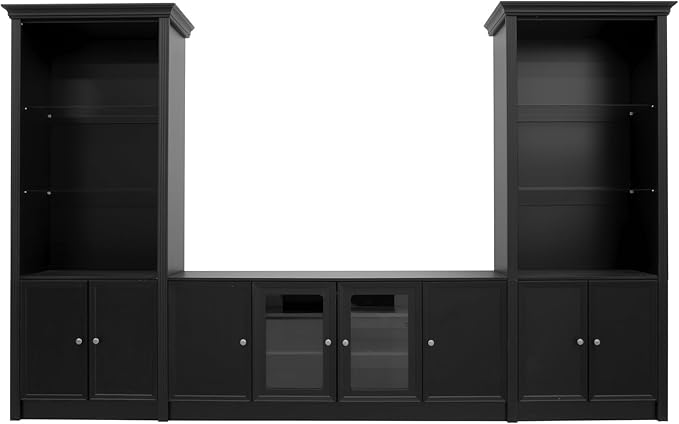 128.2" W Wall Unit Entertainment Center with Bookshelves for TVs up to 80", Multifunctional TV Stand Media Console with Tempered Glass Cabinets and Adjustable Shelves for Living Room (Black-1.28)