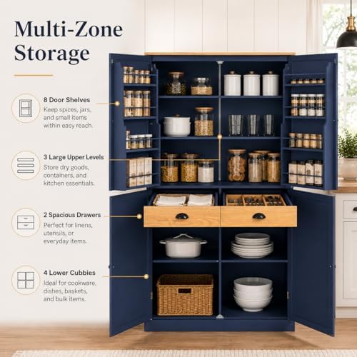 71" Tall Kitchen Pantry Storage Cabinet with 8 Door Shelves and 2 Storag...