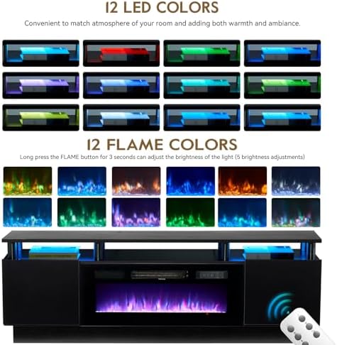 70" TV Stand for Living Room, Modern Entertainment Center & Media Console, Fits TVs up to 80", Storage Cabinet with Shelves, 36" Electric Fireplace with LED Flame (All Black)