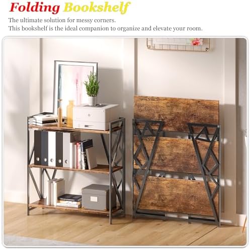 UDD No Assembly Wide Folding Bookshelf, 34" H x 30.9" W, 3 Tier Fol...
