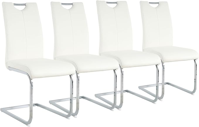 Goujxcy Dining Chairs Set of 4, Modern High Back Kitchen Chairs with Metal Legs and Faux Leather Padded Seat Upholstered Dining Chairs for Dining & Kitchen,Living Room (White&Silver, Set of 4)