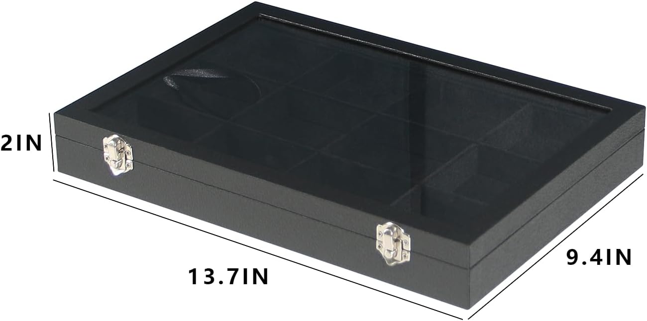 Coward Jewelry Organizer Box, Black Velvet 12 Grids Bracelet Bangle Necklace Jewelry Display Tray Case with Transparent Glass Lid for Home Drawer Desk or Store Selling Show