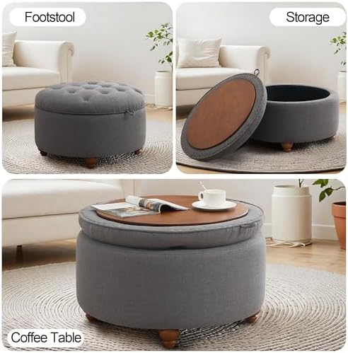 24'' Round Ottoman Coffee Table with Storage, Upholstered Tufted Otto...